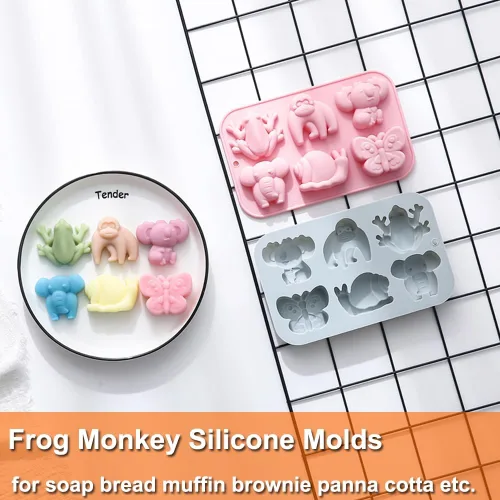Miniatura 6 de Paquete de 2 moldes de silicona para chocolate, elefante, mono, rana, para pasteles, gomitas, gelatina, cubitos de hielo, decoración de pasteles