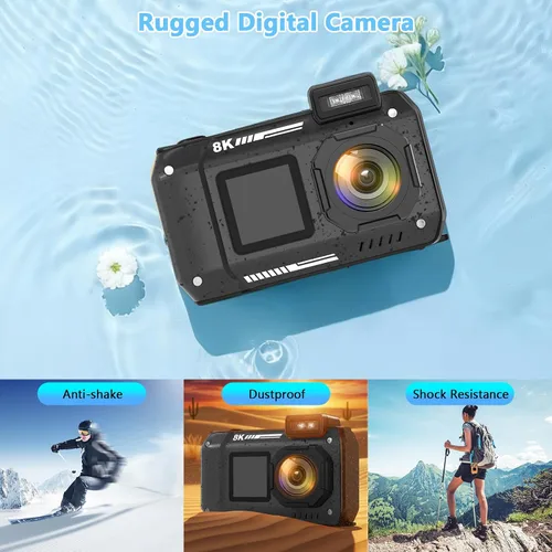 Miniatura 8 de Cámara Digital Impermeable 8K para Esnórquel: 70MP 33FT Cámara Subacuática Compacta Resistente HD de Doble Pantalla con Zoom de 18X Selfie, Tarjeta