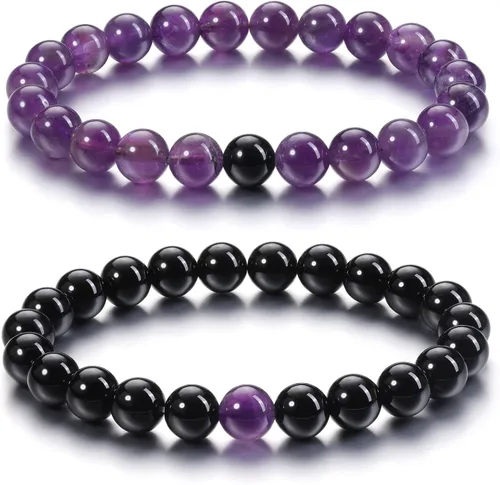Jovivi 2 pulseras elásticas de piedra curativa de obsidiana negra y amatista de 0.315 pulgadas, hechas a mano, piedras preciosas redondas naturales,