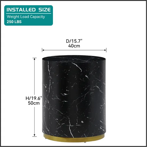 Miniatura 2 de Mesa auxiliar negra para sala de estar, grano de mármol sintético, negro y dorado (diámetro de 15.7 x 19.6 pulgadas)