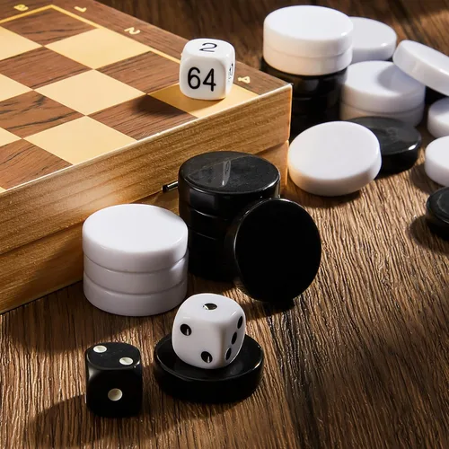 Miniatura 5 de Skylety 30 piezas de backgammon piezas de damas, 1.25 pulgadas de repuesto de fichas de juego de mesa con 5 dados (negro y blanco)