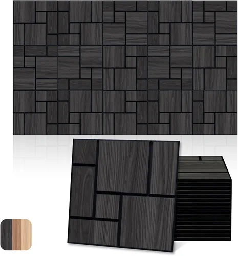 Mollywell Paneles acústicos, decoración de grano de madera de PVC, azulejos de pared con patrón tallado de 12 x 12 pulgadas, autoadhesivos para