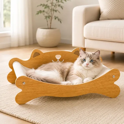 Miniatura 11 de Sisal - Cama rascador para gatos con 3 bolas de juguete para gatos de interior, hamaca 3 en 1 de madera duradera y almohadilla para rascar - muebles