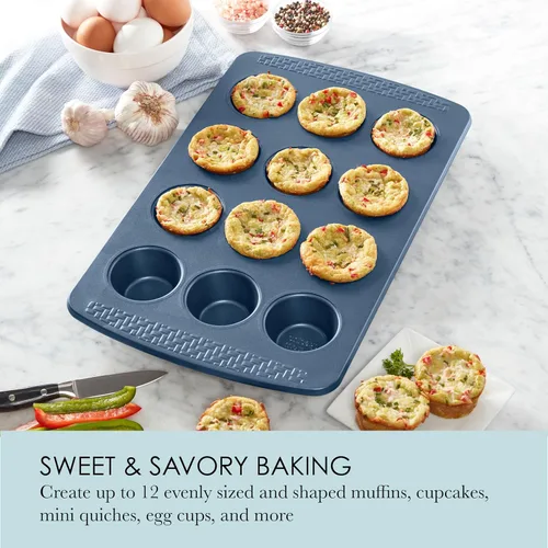 Miniatura 3 de Chicago Metallic Molde antiadherente para muffins todos los días, perfecto para magdalenas, huevos y mucho más. 12 tazas, azul