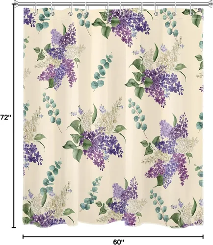 Miniatura 6 de EOBTAIN Cortina de ducha floral púrpura para baño, flores de acuarela y hojas de eucalipto verde sobre beige, cortina de ducha con 10 ganchos, juego