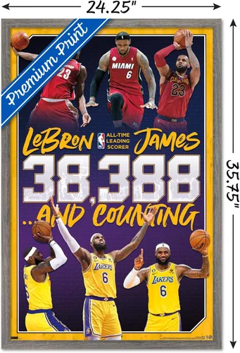 Miniatura 3 de NBA League - Póster de pared de LeBron James All-Time Scoring Leader, 34 pulgadas de largo x 22.4 pulgadas de ancho, versión enmarcada de madera