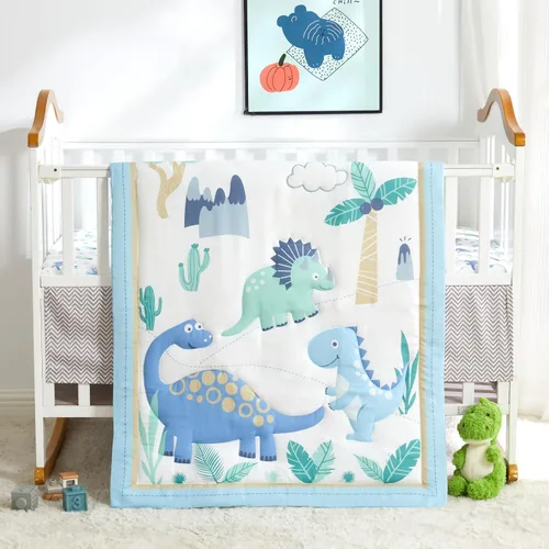 Miniatura 11 de Juego de cama de cuna de dinosaurio mini para niños azul de 3 piezas Premium, juego de sábanas para bebé, juego de cuna de dinosaurios
