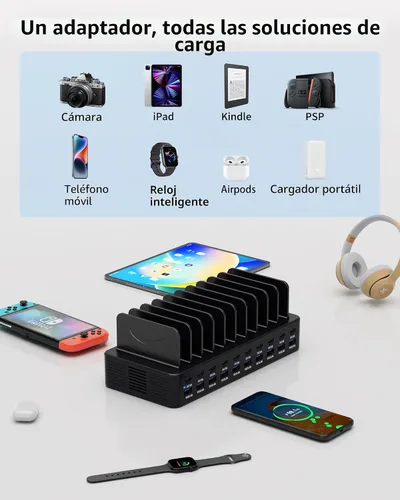 Miniatura 3 de Estación de carga de 270 W para múltiples dispositivos, estación de carga rápida USB de 20 puertos con divisores ajustables y 10 cables, base