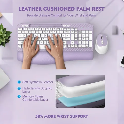 Miniatura 2 de Combo de teclado y mouse inalámbrico, teclado ergonómico de tamaño completo con teclas de onda, reposa muñeca acolchado, soporte para teléfono
