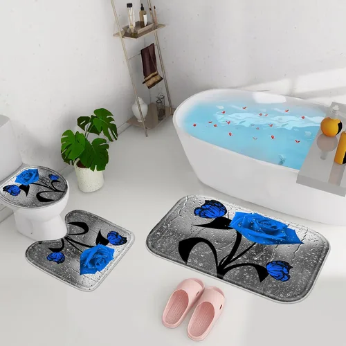 Miniatura 5 de Poedist Juego de 4 cortinas de ducha de baño, juego de cortina de baño con rosas azules, juegos de cortinas de ducha con alfombras