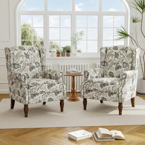 Miniatura 53 de Silla reclinable tapizada, sillón de ala floral con respaldo y reposapiés ajustables, cómoda silla decorativa para leer, sofá individual