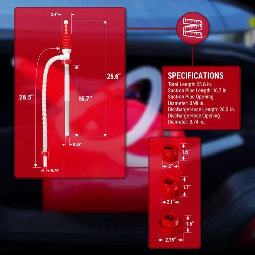 Miniatura 2 de TERA PUMP Bomba de transferencia de combustible portátil manual, manguera de descarga de 2.2 pies, clip integrado en la boquilla, bomba de sifón