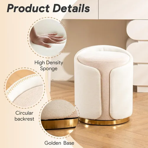 Miniatura 4 de Taburete Giratorio de Tocador con Base Dorada Cómoda Silla de Tocador Taburete Redondo Moderno para Tocador de Maquillaje Otomana de Tocador Beige