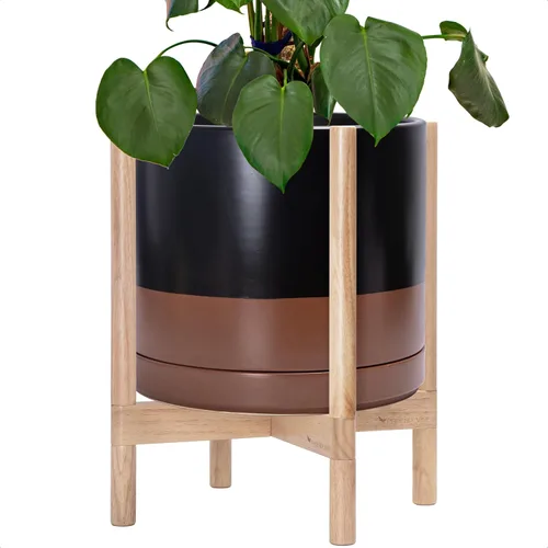 Miniatura 107 de D'vine Dev Maceta de cerámica con soporte de ébano – Maceta redonda moderna de 8 pulgadas con soporte para maceta de madera, color negro, 55-B-M-2
