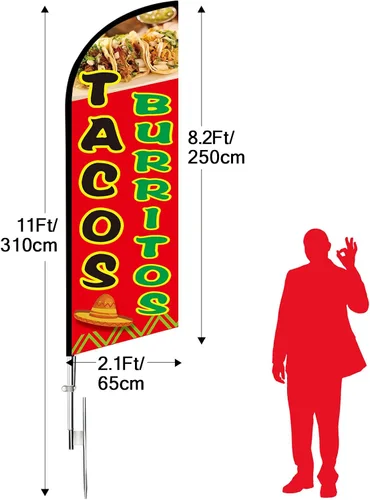 Miniatura 2 de Bandera de tacos y burritos, banderas de plumas de tacos de 11 pies para empresas, letrero de tacos con poste y punta de tierra para publicidad al