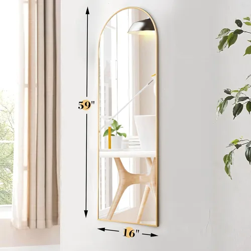 Miniatura 2 de DUMOS Espejo arqueado de cuerpo entero con soporte, marco de aluminio de pie de 59 x 16 pulgadas, para dormitorio, cuerpo colgante, inclinado