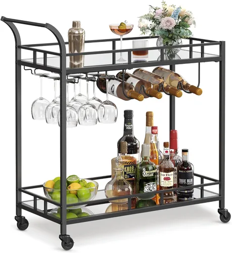 VASAGLE Carrito de bar negro, carrito de servicio para bar en casa, carrito de vino con 2 estantes espejados, soportes para vino, soportes para