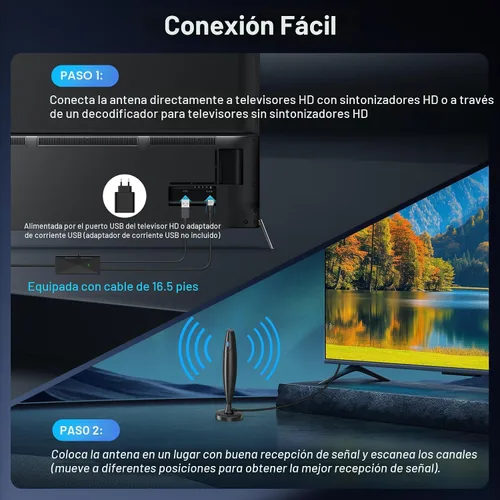 Miniatura 6 de Antena de TV para Smart TV Interior, Antena Digital para Canales Locales, Soporte 4k 1080p con Base Magnética Fuerte, Recepción de Largo Alcance
