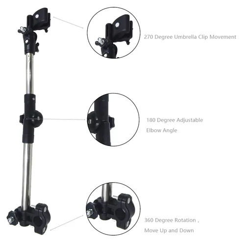 Miniatura 6 de Soporte de montaje para paraguas, soporte ajustable de 180° para cochecito, diámetro del orificio de 0.3-0.5 in, abrazadera para paraguas