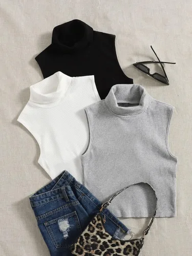Miniatura 3 de SheIn Camiseta sin mangas con cuello de tortuga para mujer, 3 piezas, sin mangas, de punto acanalado