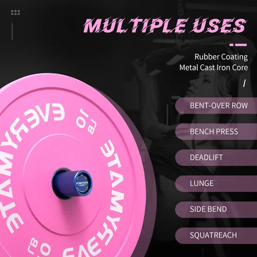Miniatura 3 de EVERYMATE Placas de Peso Rosa 10LB 15LB 25LB 35LB 45LB Placas Olímpicas Bumper Placas de Peso con Agarre para Entrenamiento de Fuerza y Crossfit