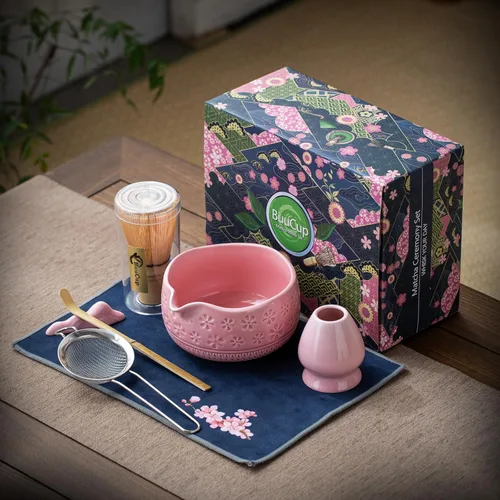 Miniatura 2 de Buucup Juego de batidor de matcha, juego de cerámica matcha incluye cuenco matcha, batidor y soporte de matcha, cuchara de bambú, soporte para Rosa
