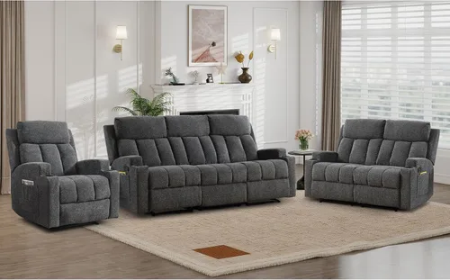 Miniatura 10 de CANMOV Juego de sofá modular reclinable manual, juegos de muebles de tela en forma de L, sofá esquinero modular reclinable y silla reclinable
