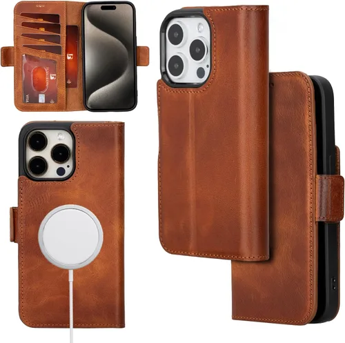 Bayelon Funda de piel tipo cartera para iPhone 15 Pro Max - Funda con tapa para tarjetas, compatible con Folio MagSafe, bloqueo RFID (marrón vintage)