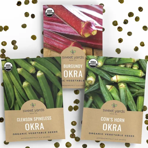 Paquete variado de semillas orgánicas de Okra Lovers – 3 paquetes individuales – Temporada 2026 – Cowhorn, Burgundy y Clemson Spineless para plantar