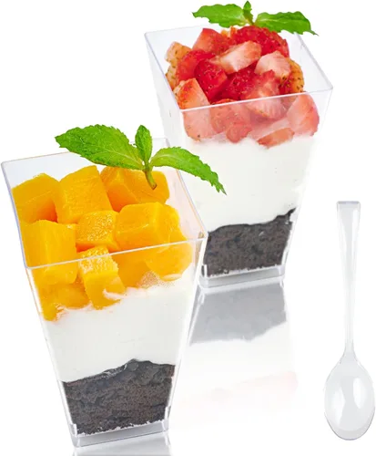 Miniatura 8 de JOLLY CHEF Paquete de 100 mini tazas cuadradas de postre de 2 onzas con cucharas, taza de plástico transparente para aperitivos de parfait, cuenco