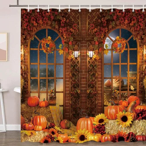 Miniatura 8 de Boho Fall Pumpkin Bow Shower Curtain for Bathroom, Waterproof Thanksgiving Harvest Autumn Bath Curtain with Hooks, Washable Privacy Curtain for Kids