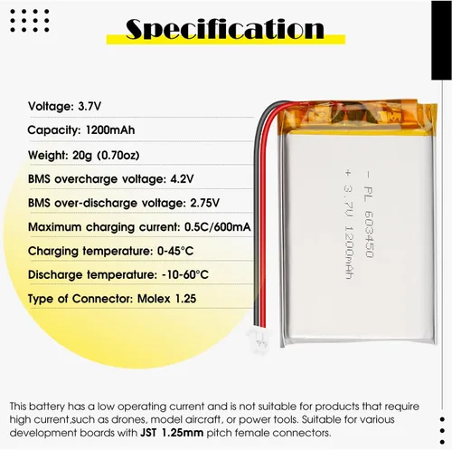Miniatura 3 de 603450 3.7V 1200mAh LiPo Batería - Batería recargable de polímero de litio con placa de protección y conector Micro JST 1.25 para dispositivo