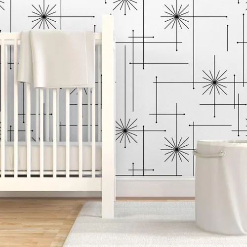 Miniatura 6 de Papel tapiz para despegar y pegar, diseño geométrico de mediados de siglo, moderno, negro, blanco, monocromático, minimalista, extraíble, por