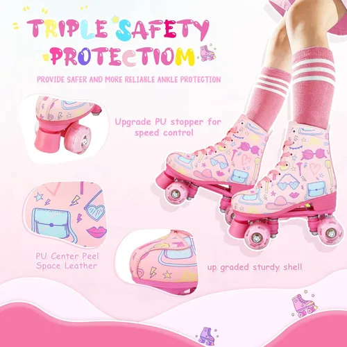 Miniatura 6 de Patines de dibujos animados para niñas y mujeres, patines de doble fila con ruedas iluminadas, patines de piel sintética con cordones, patines
