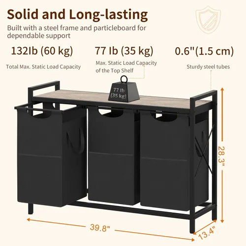 Miniatura 6 de Heybly Cestos para la ropa sucia, 3 × 15 galones (171 L) cesta de lavandería con clasificador de escritorio grande para organización de lavandería