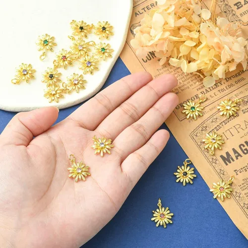 Miniatura 3 de Ipotkitt - 20 piezas de dijes de cobre con circonita cúbica micropavé en forma de flor con anillo de salto, dijes con forma de planta y flor