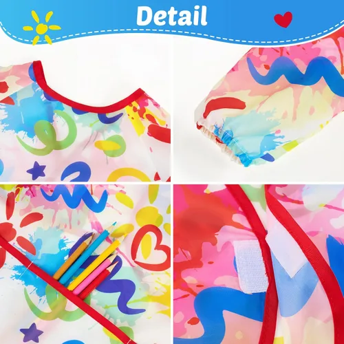 Miniatura 3 de WERNNSAI Bata de arte para niños impermeable con manga larga y 3 bolsillos de pintura Doodle A001