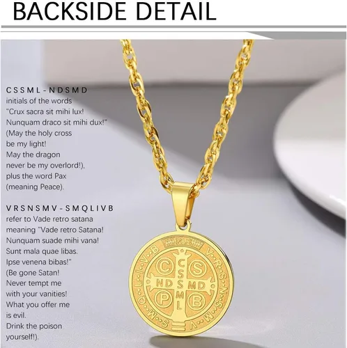 Miniatura 5 de PROSTEEL Collar con medalla de San Benito de acero inoxidable, joyería de protección para hombres y mujeres, chapado en oro real de 18 quilates