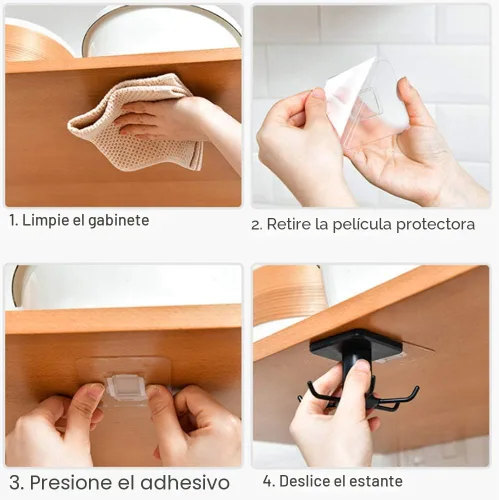 Miniatura 5 de 2 ganchos para utensilios de cocina para debajo del gabinete, rotación de 360°, sin perforaciones, adhesivos, estante para colgar herramientas, Negro