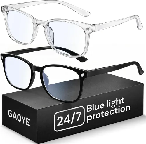 Gaoye - Gafas de luz azul para computadora y juegos - Lentes anti rayos UV, resistentes a los arañazos y ajuste cómodo 2 negro y gris transparente