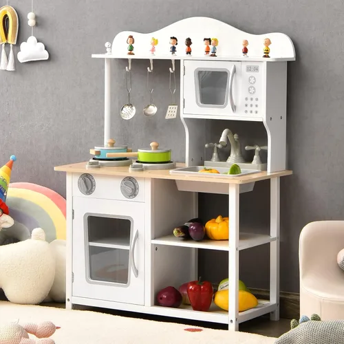 Miniatura 8 de Costzon Juego de cocina para niños, juego de cocina de juguete de madera con fregadero, horno, microondas, estufa, ollas, utensilios, cocina