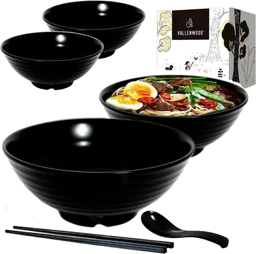 Juego de 4 cuencos de ramen, 12 piezas Pho. Sopa japonesa asiática negra. Utensilio: cucharas y palillos. Melamina. Fideos grandes de 37 oz, arroz,