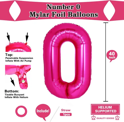 Miniatura 2 de Globo gigante de 40 pulgadas color rosa intenso número 0, dígito jumbo 0 de lámina de mylar, helio rosa 0 globos para niños, suministros