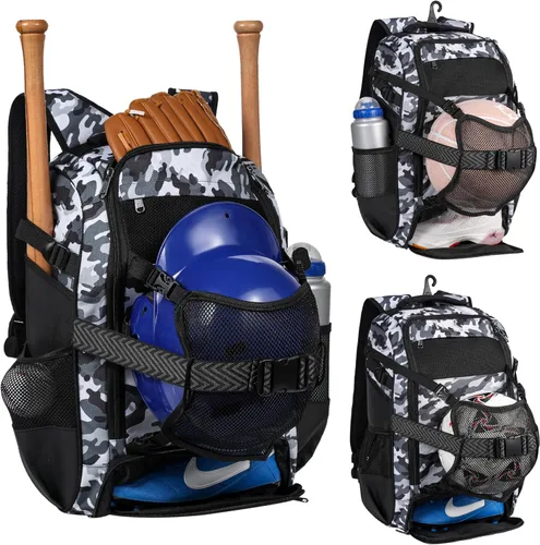 Miniatura 9 de Mochila grande de béisbol para adultos y jóvenes, bolsa de bate de sóftbol de 42L con casco ajustable desmontable con bolsillo de malla, ajuste