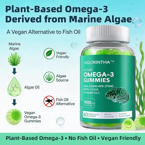 Miniatura 4 de Suplemento de aceite de algas omega-3 vegano con DHA 300 mg y EPA 150 mg, Omega-3 a base de plantas con vitamina D3 y K2, cápsulas blandas de aceite