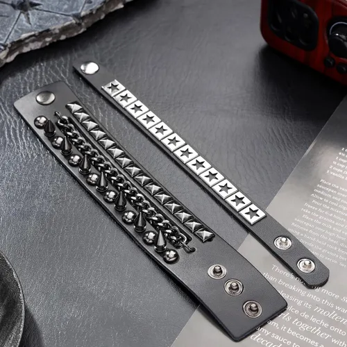 Miniatura 5 de Eigso Pulseras de cuero punk rock para hombres y mujeres, estilo retro, vintage, cadena de los años 80, para hombre y mujer