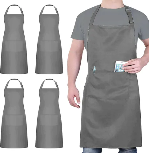 Miniatura 12 de Paquete de 4 delantales ajustables, delantal negro con 2 bolsillos, delantal lavable a máquina perfecto para cocinar, asar a la parrilla, lavar