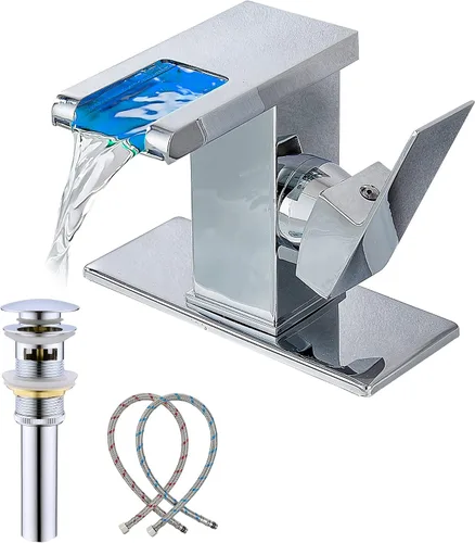 Miniatura 10 de Grifo para Lavabo Tipo Recipiente Cascada Dorado Negro de Un Solo Orificio con Desagüe Pop-Up Sin Rebosadero y Líneas de Suministro Grifos de Baño