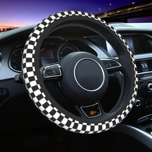 Miniatura 6 de Funda de volante para mujeres y hombres, tablero de ajedrez a cuadros en blanco y negro, protector de volante de neopreno, ajuste universal