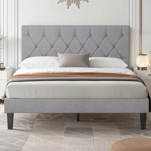 Miniatura 9 de VECELO Base de cama tamaño individual con cabecera capitoné con botones, base de cama tapizada con soporte de listones de madera, no necesita Beige